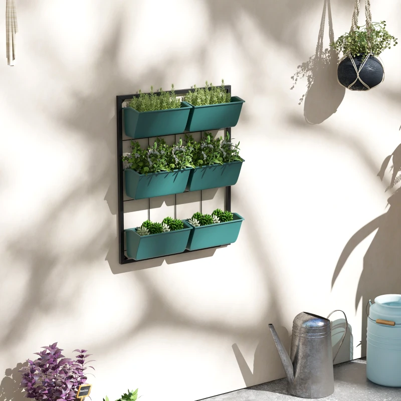 Outsunny Orto Verticale da Parete a 3 Livelli con 6 Vasi, in Acciaio e Plastica, 52x14x66 cm, Verde