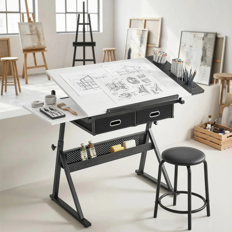 HOMCOM Tavolo da Disegno Tecnico Regolabile con Spazio Contenitore e Sgabello, in Metallo, 120x60x68-92 cm Bianco