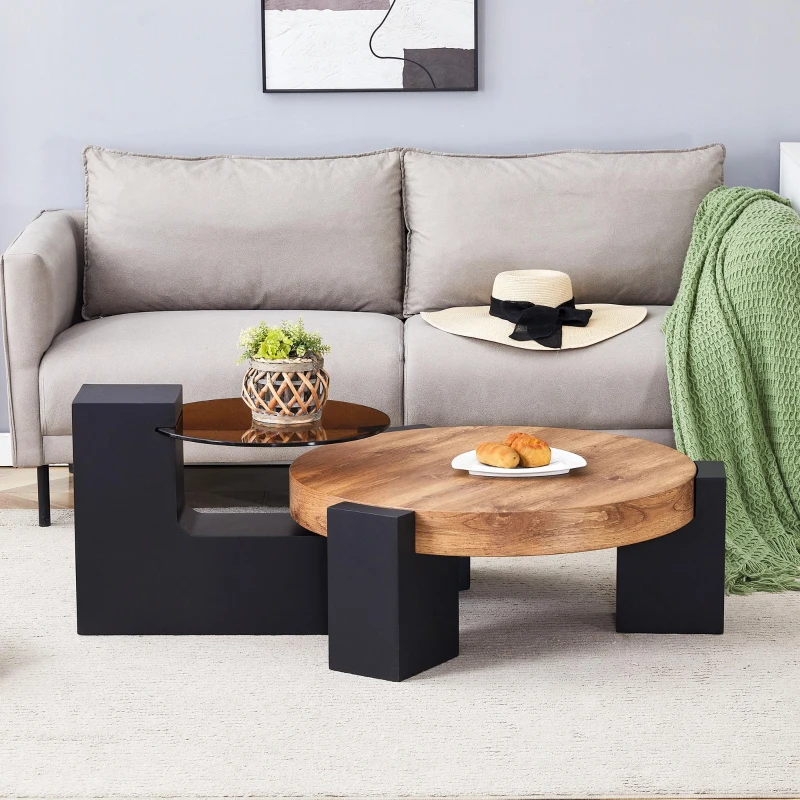 Table basse ronde moderne à 2 niveaux, design démontable et modulable, bords arrondis, 61x61x30 cm, Couleur naturelle