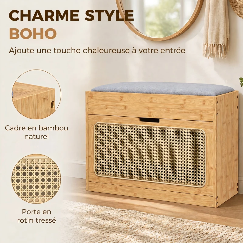 HOMCOM Banc chaussures entrée, banc de rangement en bambou, assise rembourrée, porte en rotin et étagère réglable, bois naturel