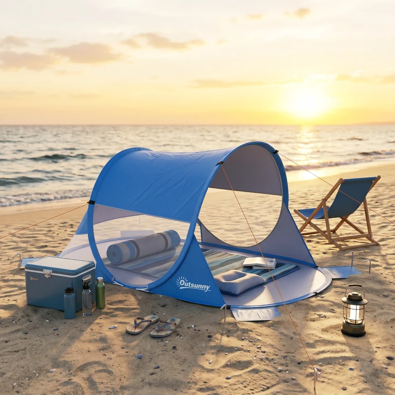 Outsunny Abri de plage tente de plage pliable pop-up automatique instantané protection UV fenêtre arrière grand tapis de sol bleu ciel