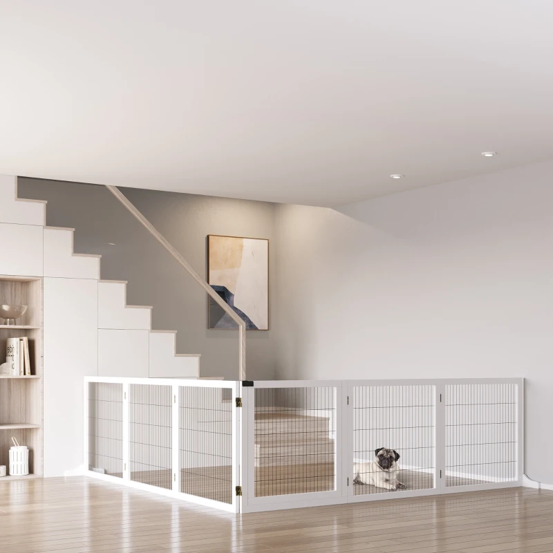 PawHut Cancelletto per Cani di Piccola/Media Taglia a 6 Pannelli Pieghevoli, in Legno e Acciaio, 432x36x70 cm, Bianco