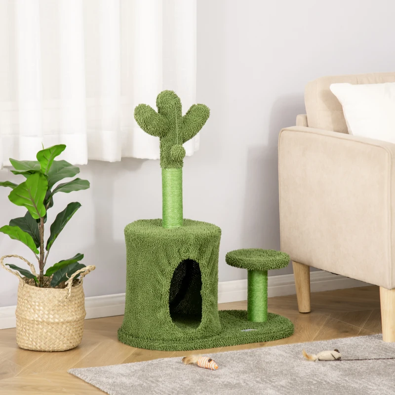 PawHut Albero Tiragraffi per Gatti Fino 4.5kg a Forma di Cactus con Palline e Cuccia, 60x35x78cm - Verde