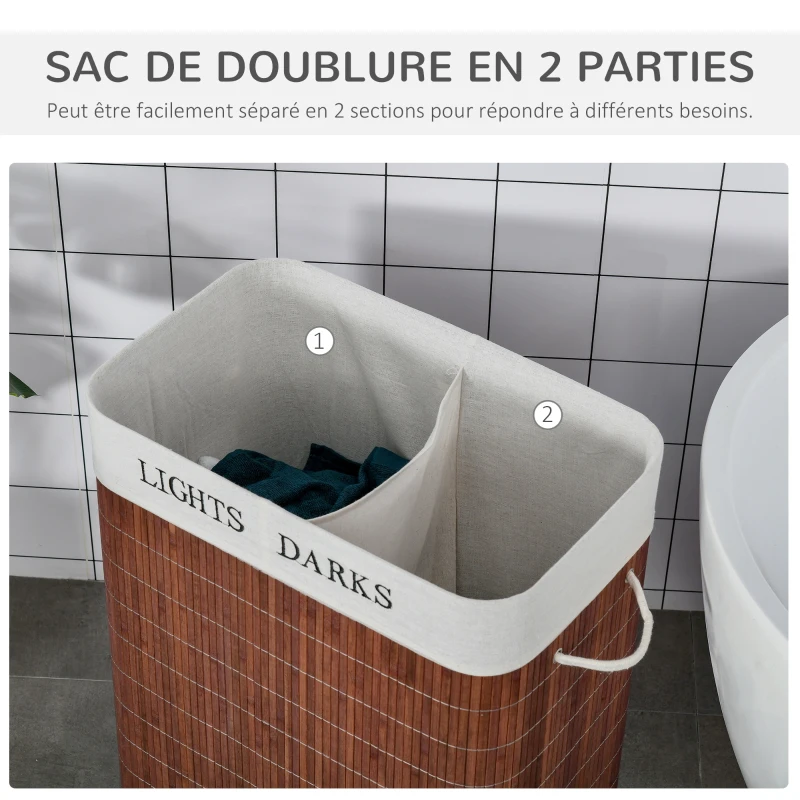 HOMCOM Panier à linge 100L avec 2 bacs bambou pliable couvercle poignée avec Sac amovible et lavable marron