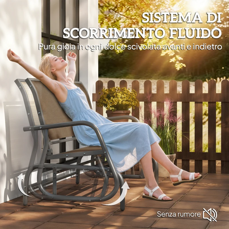 Outsunny Panchina a Dondolo 2 Posti da Giardino in Metallo e Tessuto a Rete, 120x70x85 cm, Marrone Chiaro