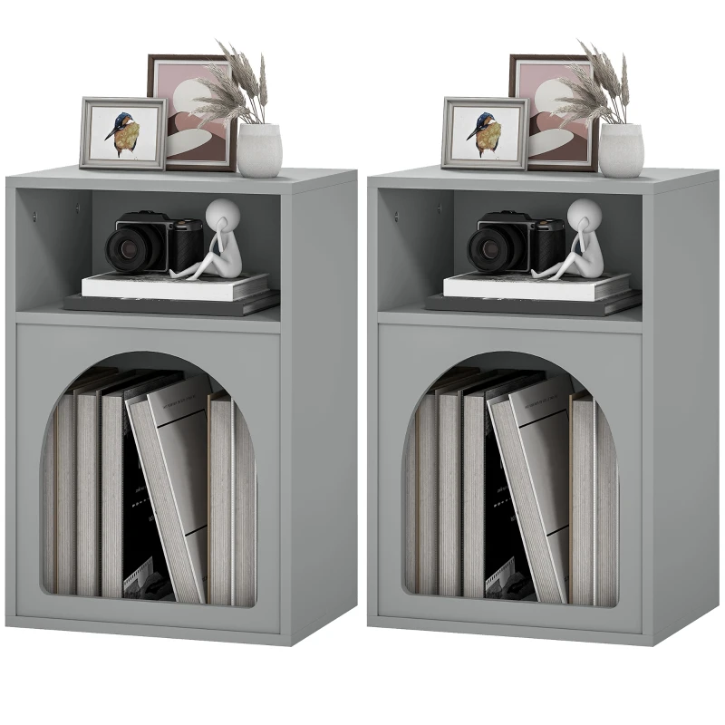 HOMCOM Lot de 2 tables de chevet, table de nuit avec compartiments ouverts, design arqué, 40 x 30 x 60 cm, gris
