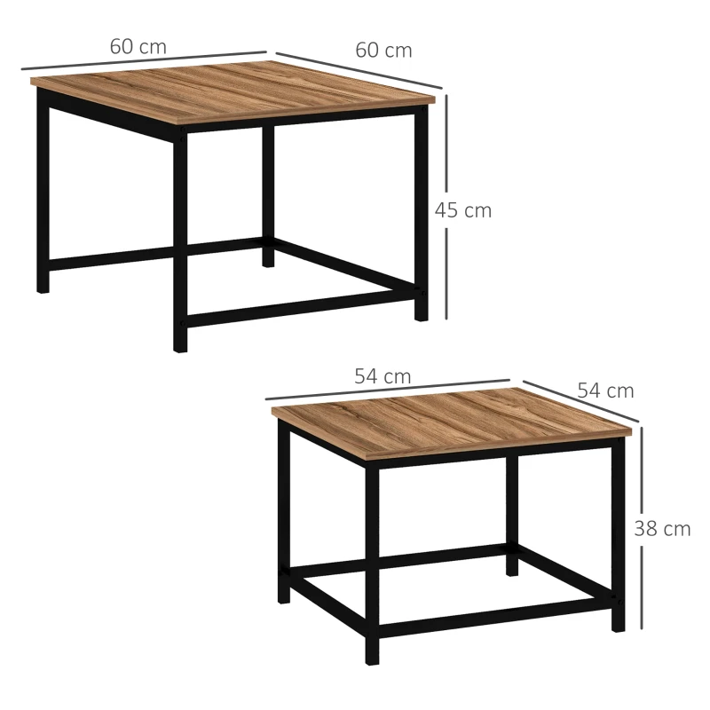 HOMCOM Set van 2 bijzettafels, industrieel design, zwart stalen frame, tafelblad met houteffect