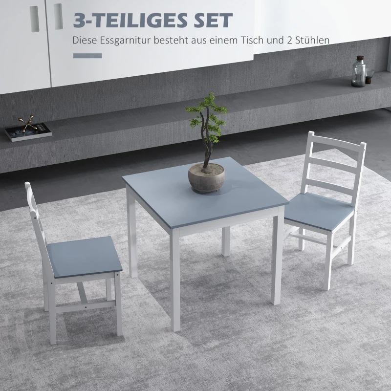 HOMCOM Eethoek voor 2 personen, 2 stoelen, 1 tafel, grenenhout, wit+grijs