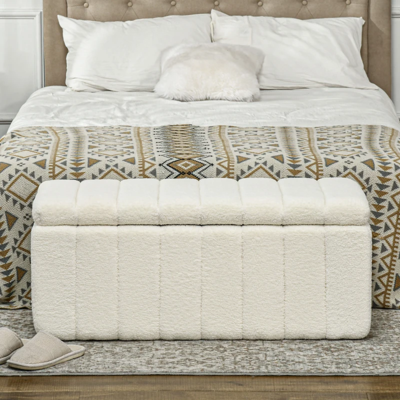 HOMCOM Opbergbank met Zacht Teddypluche, Gestoffeerde Bank met Houten Frame, Bedbank met Opbergruimte, Schoenenbank voor Slaapkamer, Woonkamer en Hal, 102 x 45 x 46 cm, Crèmewit(m-7)