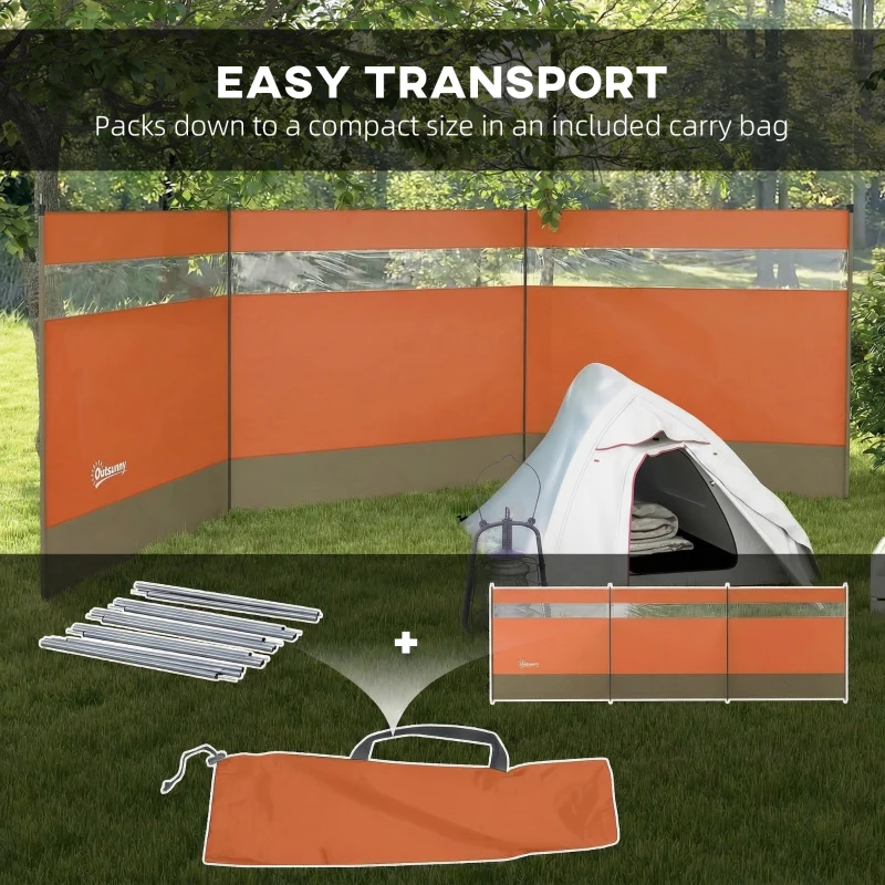 Outsunny Camping Windbreaker with Clear Windows, Carry Bag and Steel Poles, for Beach Caravan Campervan, 440 x 140cm, Orange