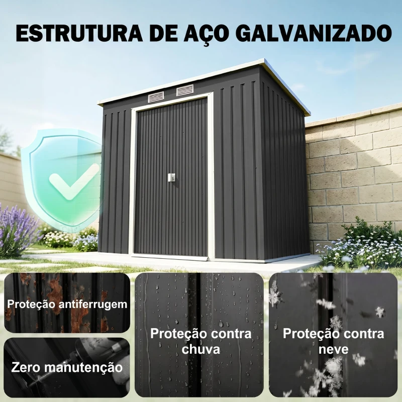 Outsunny Abrigo de Jardim 213x130x173  Abrigo de Exterior de Aço Galvanizado com Porta Corredeira para Armazenamento Cinza Escuro