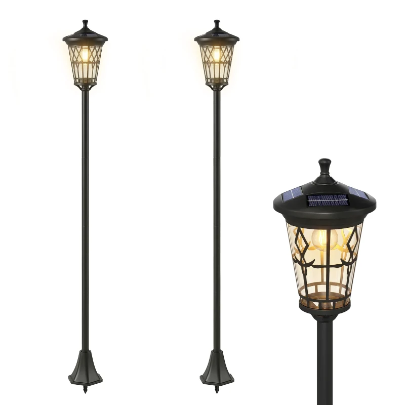 Outsunny Lot de 2 Lampadaires Solaires 1,86 m pour Jardin, Lampes de Rue en Acier Inoxydable à Hauteur Réglable Noir