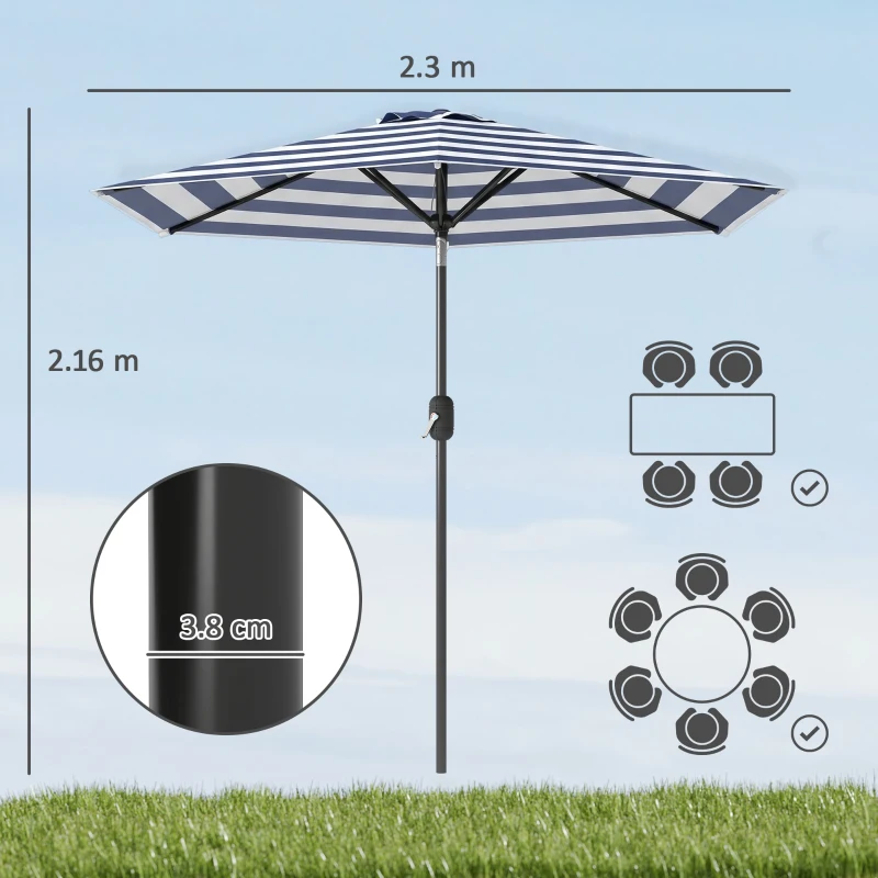 Outsunny Ombrellone da Giardino Inclinabile 2.3x2 m in Poliestere 180g/m², Ombrellone per Esterno da Terrazzo e Patio con Apertura a Manovella, Palo in Metallo e 6 Stecche, Blu e Bianco