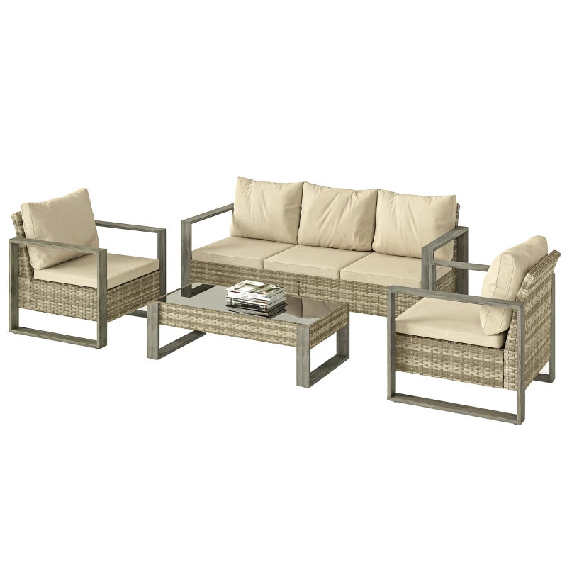 Outsunny 4 Piece Rattan Garden Furniture Set with 3-Seater Sofa, Armchairs, Table, Aluminium Frame Patio Conversation Set, Khaki