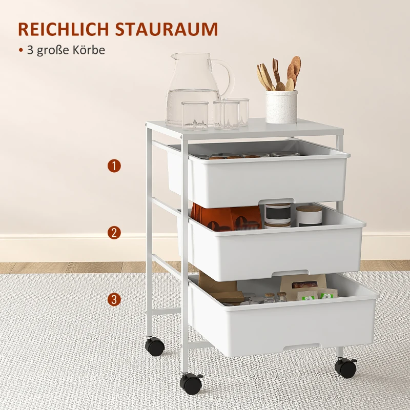 HOMCOM Bijzetwagen met Wielen, 3 Manden voor Transport en Opslag, Keukentrolley, 40,8L x 33,5B x 60,5H cm, Wit