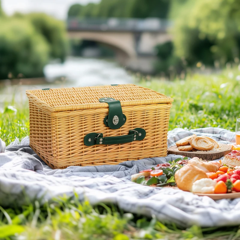 Outsunny Picknickkorb aus Weidenholz Picknickkoffer für 2 Personen mit Isoliert Kühlfach Besteck Set Hellbraun