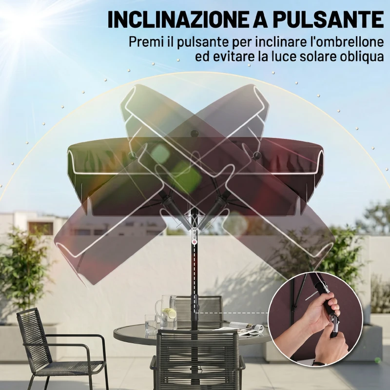 Outsunny Ombrellone da Giardino Rettangolare e Regolabile con Palo in Alluminio, 2x1.3x2.5 m, Marrone e Nero