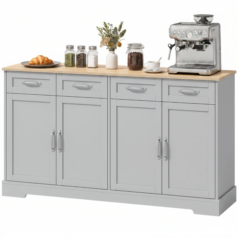 HOMCOM Sideboard Buffet Cabinet, 140 cm Kitchen Storage Cabinet with 4 Drawers, 4 Doors and 2 Adjustable Shelves, Grey