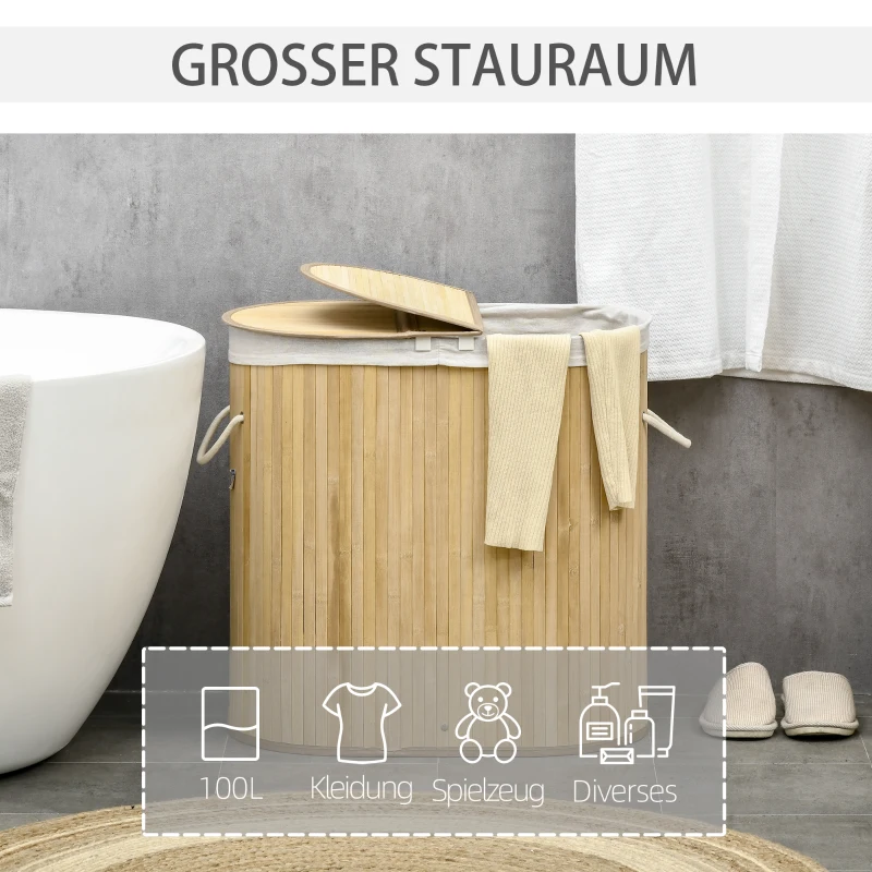 HOMCOM 100L wasmand met uitneembare wasbank 62,5 cm x 37 cm x 60,5 cm naturel + wit