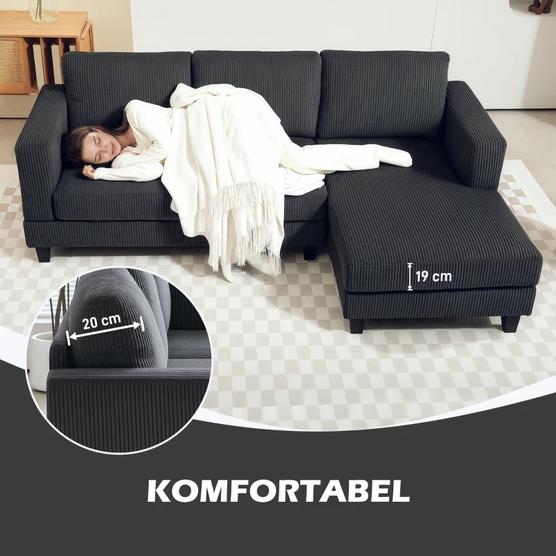 HOMCOM Hoekbank, L-vormige 3-zitsbank met Chaise Longue, Houtconstructie, 8 Poten, Corduroy Stof, Schuimstofbekleding, Grijs