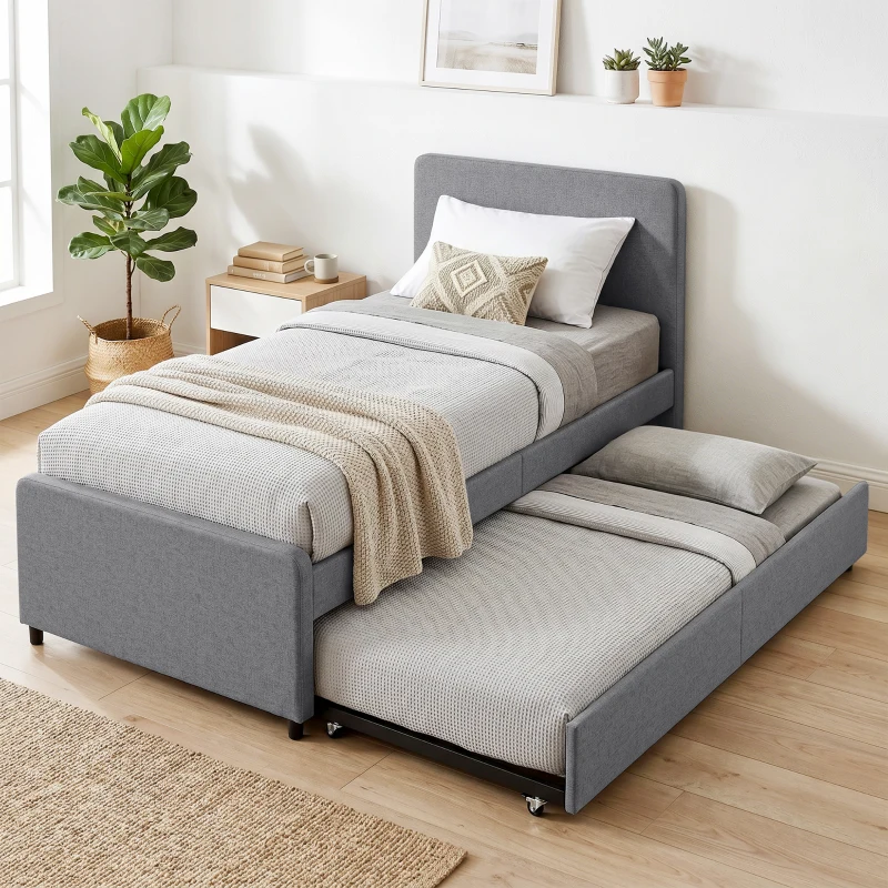 HOMCOM 3ft Single Bed Frame with Trundle, Upholstered Pull Out Trundle Bed with Headboard and Footboard, Dark Grey