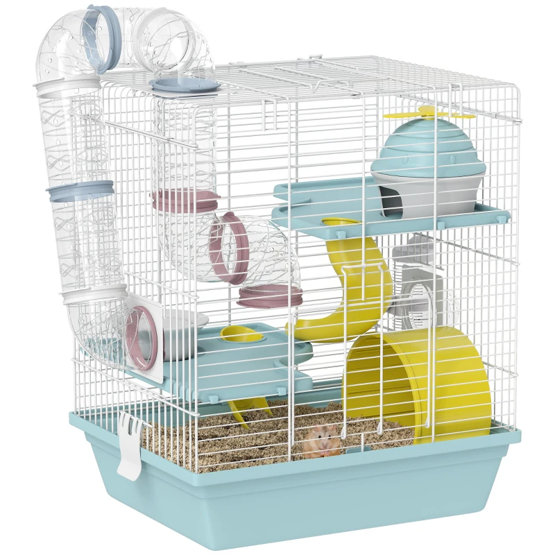 PawHut Cage hamster, cage rongeur à 3 niveaux, avec roue d'exercice, tunnel de jeu, gamelle, cabane, 34,5 x 27,5 x 41 cm, bleu