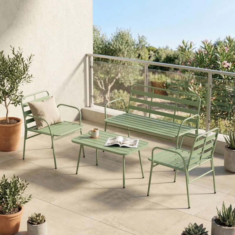 Outsunny Set Giardino 4 Pezzi, Divano Esterno Metallo con Doghe, Verde