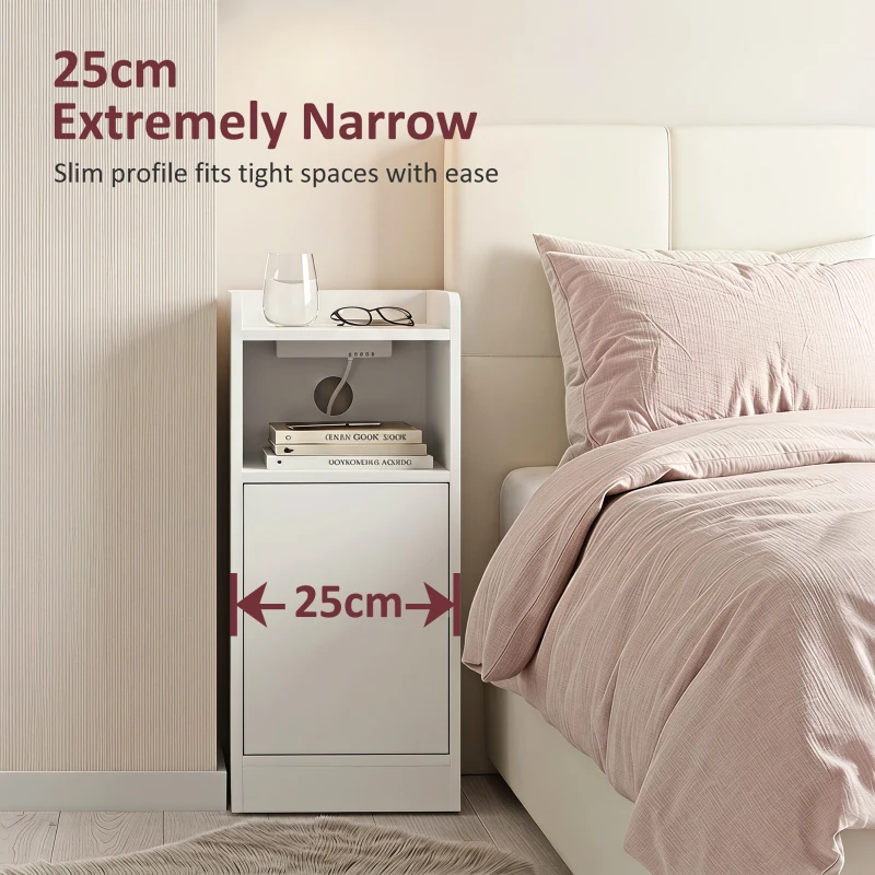 HOMCOM Slim Bedside Table Set of 2 with Charging Station, Narrow Bedside Cabinet with Adjustable Shelf, White