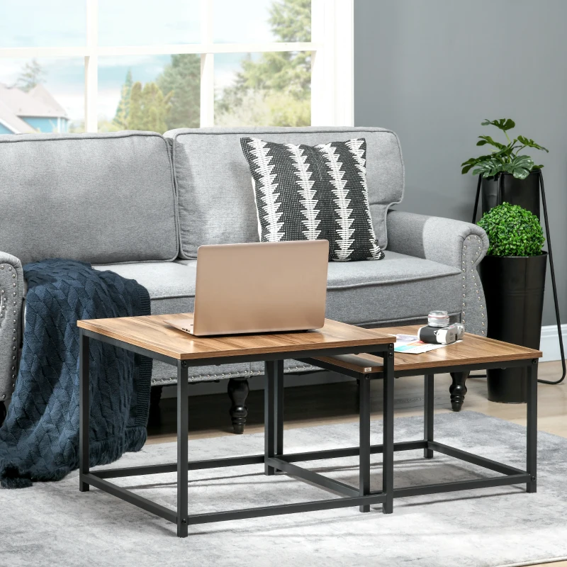 HOMCOM Set van 2 bijzettafels, industrieel design, zwart stalen frame, tafelblad met houteffect