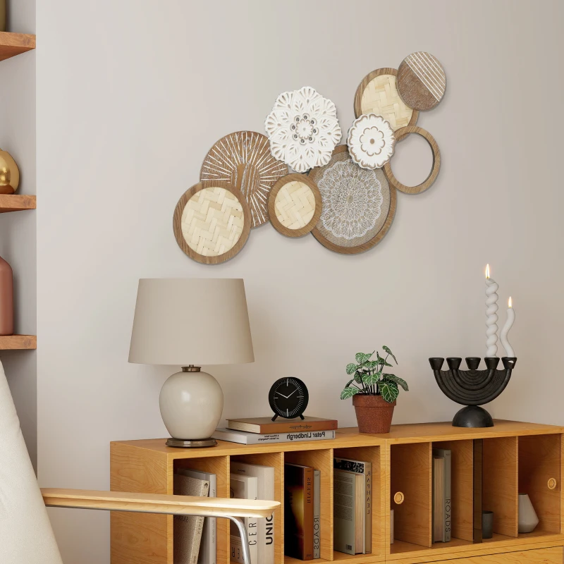HOMCOM Décoration murale en bois, sculpture murale en bois, design unique à plusieurs disques, 83,8 x 44,5 cm, bois naturel