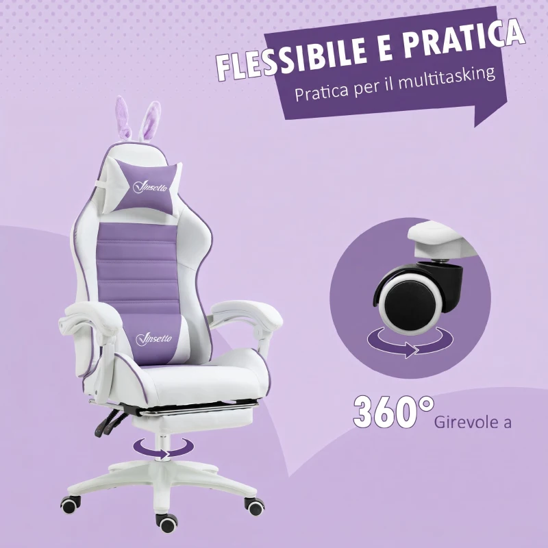 Vinsetto Sedia Gaming con Orecchie da Coniglio, Poggiapiedi, Cuscini, Reclinabile e Altezza Regolabile, Viola