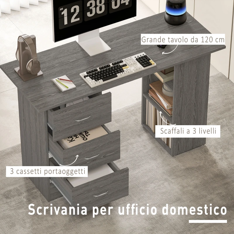 HOMCOM Scrivania Moderna con 3 Cassetti e 3 Ripiani per Camera e Ufficio, in Legno, 120x49x72 cm, Grigio
