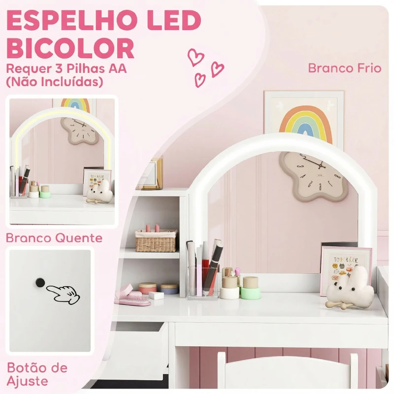 AIYAPLAY Toucador Infantil com Banqueta e Espelho com Luzes LED 1 Gaveta, Armário e 5 Prateleiras Branco