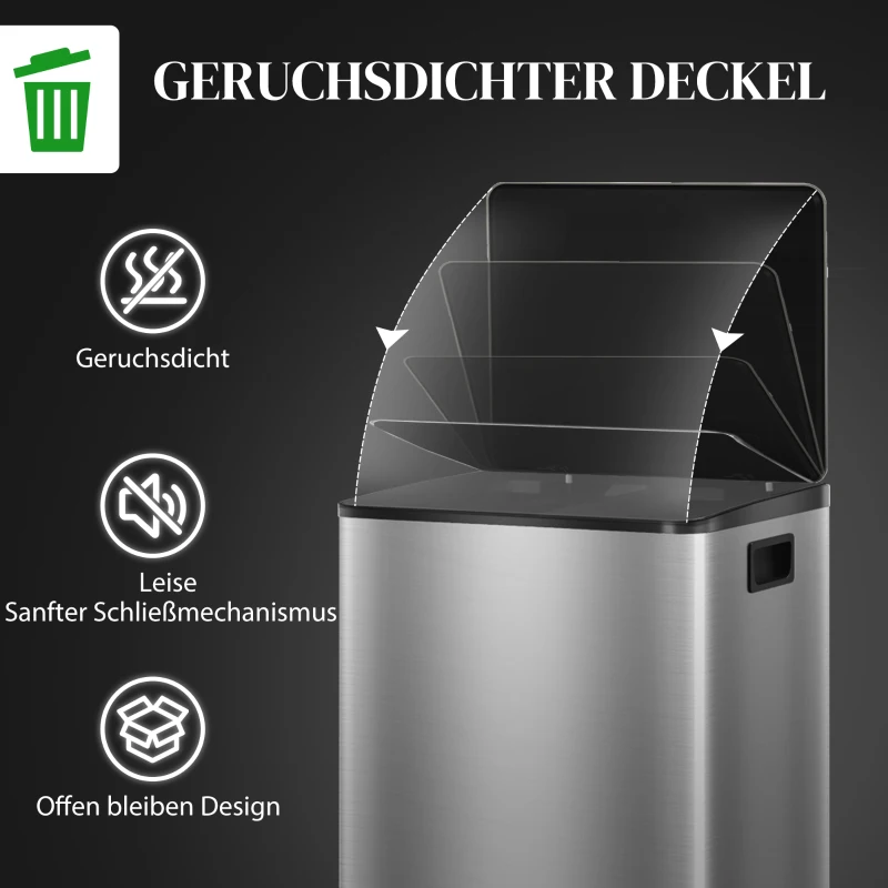 HOMCOM Prullenbak met 2x30L Vakken, Soft-Close Deksel, Vingerafdrukvrij, Roestvrijstaal, Zilver