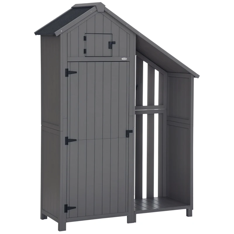 Outsunny tuinhuis gereedschapshuis gereedschapsschuur met opslagruimte voor brandhout gereedschapsschuur met 3 planken, grijs,130 x 54,5 x 180 cm