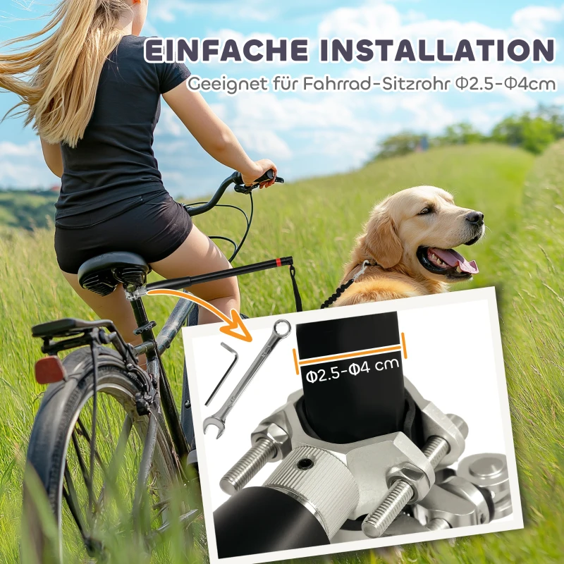 PawHut Hondenriem voor Fiets, Elastisch Koord, Stalen Buis, 124 cm, Zwart