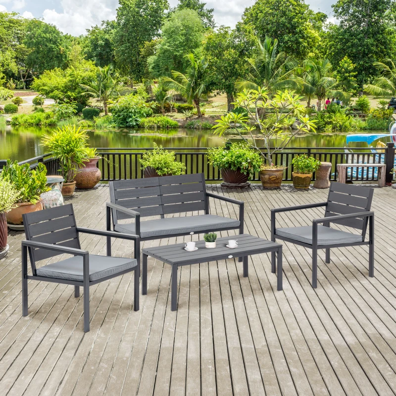 Outsunny Conjunto de Muebles de Jardín 4 Piezas Mesa de Centro Banco de 2 Plazas y 2 Sillas con Cojines Desenfundables y Marco de Metal HDPE para Terraza Exterior 113x65x78 cm Gris