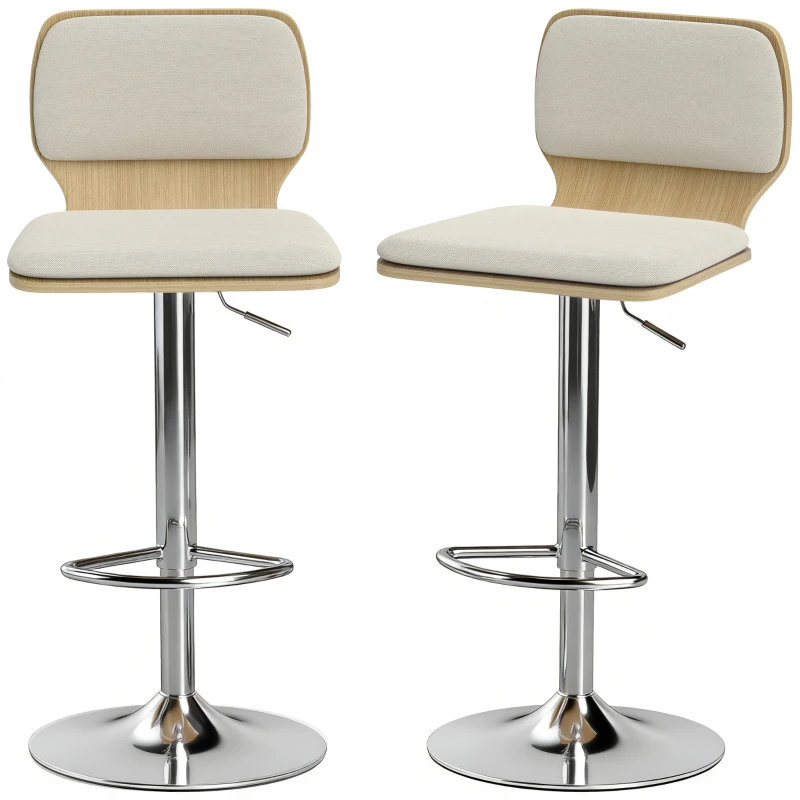 HOMCOM Conjunto de 2 Bancos de Bar Giratórios com Altura Ajustável Estofados em Tecido Tipo Linho com Base em Aço 41x47,5x81-102 cm  Bege