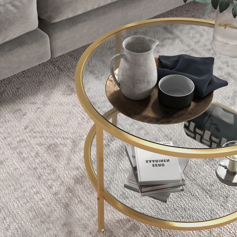 HOMCOM Bijzettafel, Hedendaags Ontwerp, 2 Etages, Ø60x43H cm, in Goudkleur