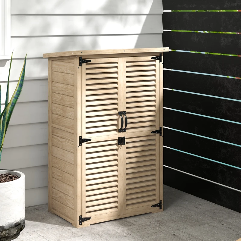 Outsunny Armadio da Esterno Portaoggetti a 2 Ripiani con Picchetti, in Legno di Abete, 75x50x111/118 cm