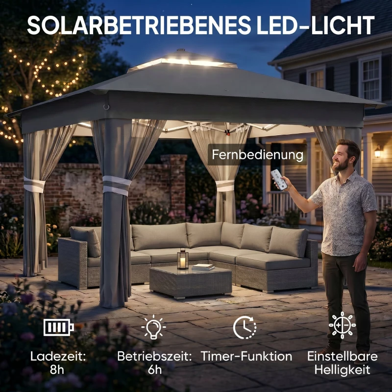 Outsunny Gartentent met zonne-energie LED's Gartentent met verlichting, 336 cm x 336 cm x 270 cm, Grijs