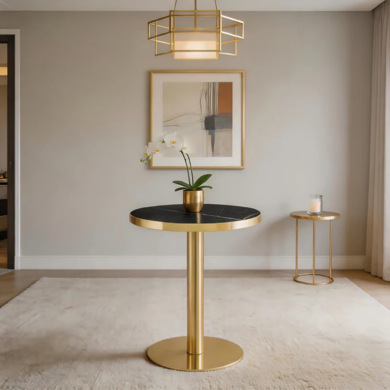 Table d'appoint ronde moderne, stabilité optimale et un gain de place, 59.5x59.5x73.5 cm, Noir+Or