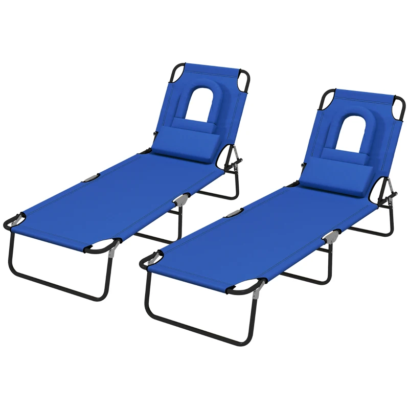 Outsunny Folding Sun Loungers Set of 2 with Face Hole, 4-Position Adjustable Backrest Garden Recliner Chair Sunbed, Outdoor Lounge Chair with 500 D Oxford Cloth Seat, Pillow for Beach, Blue