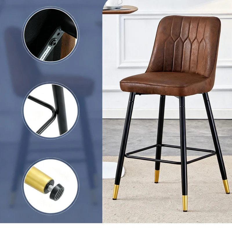 Lot de 2 tabourets de bar hauteur, design moderne et confortable, dossier incurvé et repose-pieds, 42x45x100 cm, Marron+Noir
