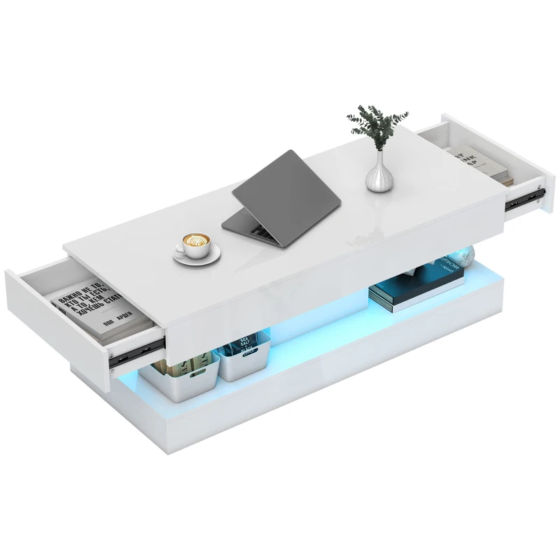 HOMCOM Woonkamertafel met lades en ledverlichting, moderne sofatafel met open vak, salontafel van spaanplaat, wit(m-11)