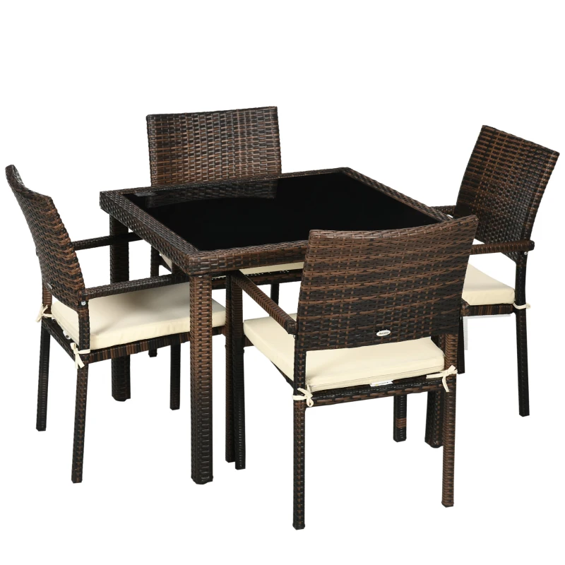 Outsunny Conjunto de Muebles de Ratán Sintético de Jardín Mesa con Encimera de Cristal y 4 Sillas para Exterior Marrón