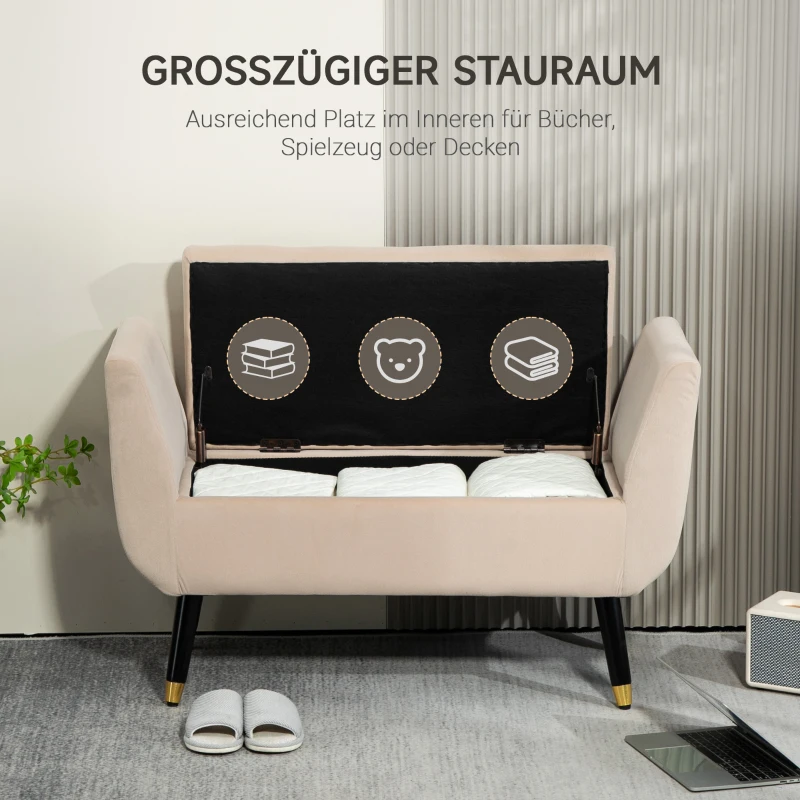 HOMCOM Opslagbank met Armleuningen, Fluweelachtig Polyester, Rubberhout, 107 x 42 x 65 cm, Beige