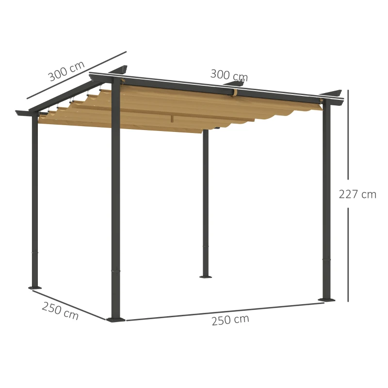 Outsunny Gazebo Pergola 3x3 con Tetto Retrattile e Fori di Drenaggio in Poliestere e Acciaio, Beige e Nero