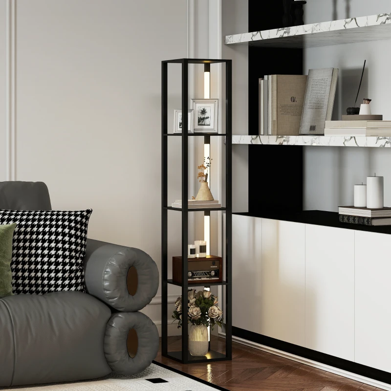 HOMCOM Lampadaire avec Étagères à 4 Niveaux LED Dimmable avec Variateur d'Intensité et Interrupteur au Pied pour Salon Chambre et Bureau MDF Plastique Noir