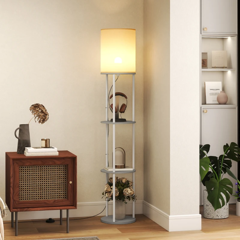 HOMCOM Candeeiro de Pé com Prateleiras 3 Temperaturas de Cor Controlo Remoto e Casquilho E27 Ø29x158 cm Cinzento